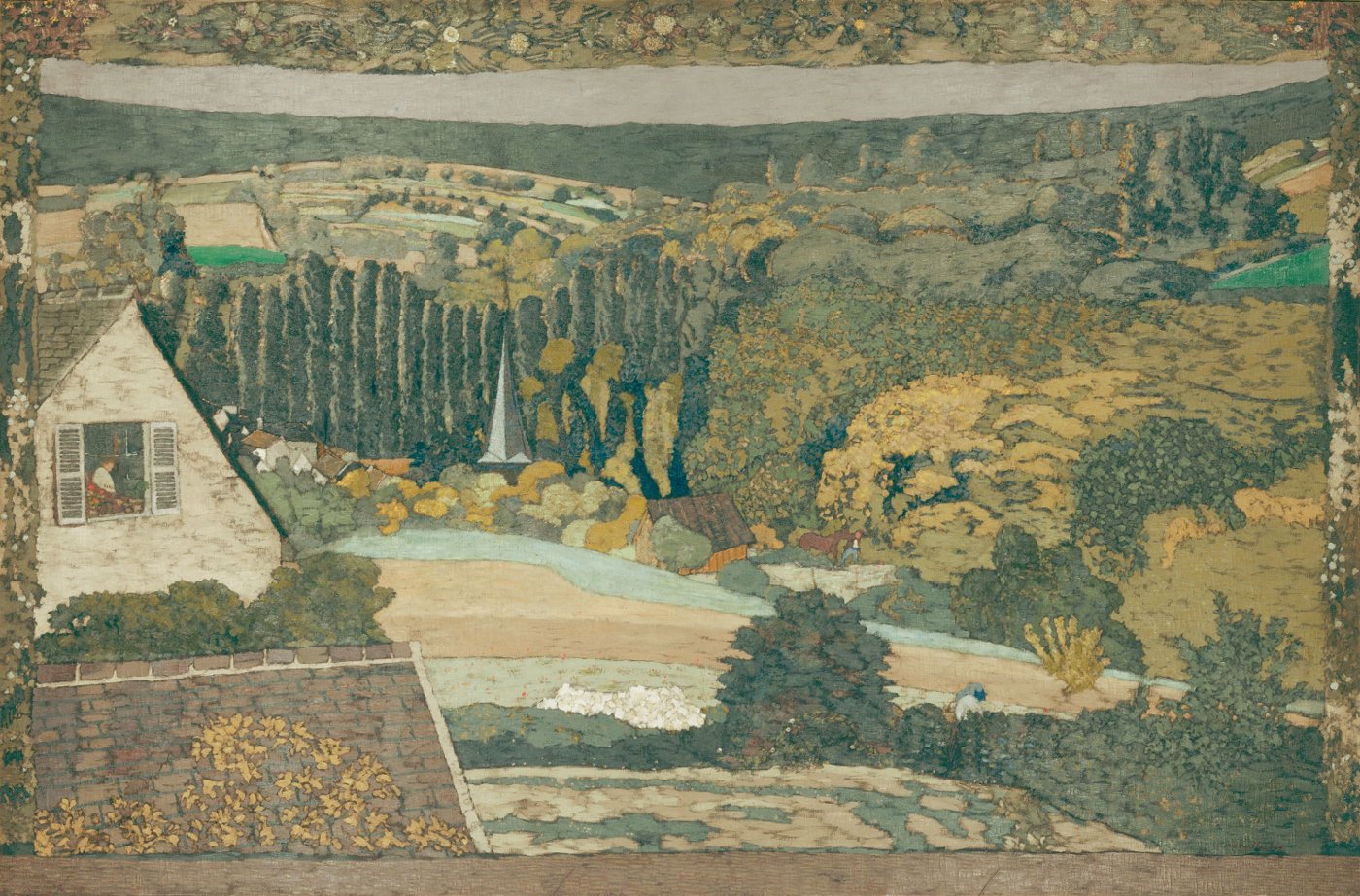 Édouard Vuillard, Janela com vista para o bosque: paisagem de colinas, bosque e casas vista do alto de uma janela